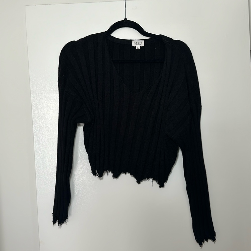 Le Lis Black Cropped Ribbed Knit Sweater | Distressed Raw Hem Crewneck | Medium